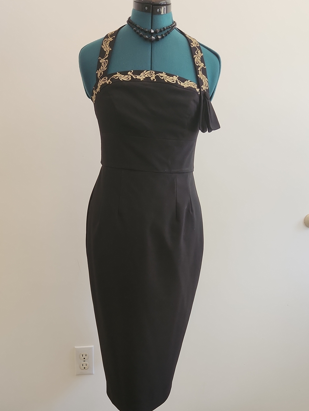 💄 Glamour Bunny Black Halter Dress with Gold Embroidered Trim SZ S